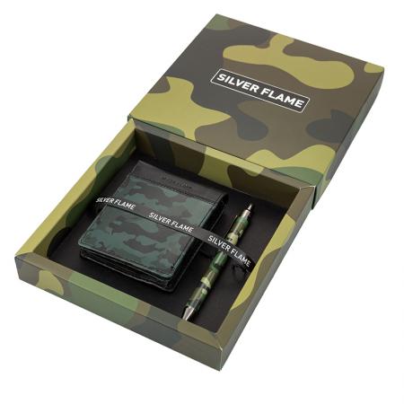 SFS-023: Pen and men's wallet set SILVER FLAME collection Camouflage Green