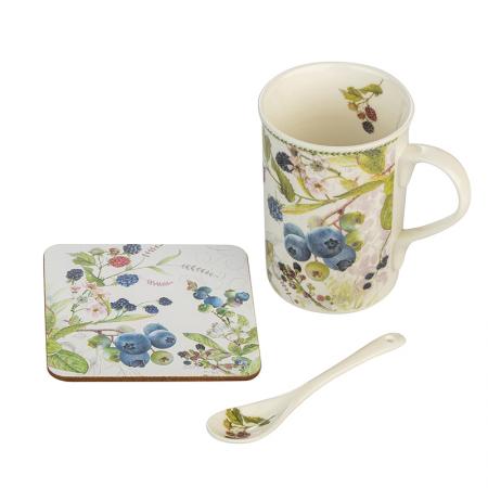 957955: Porcelain coffee cup + spoon, coaster and box - Blueberry