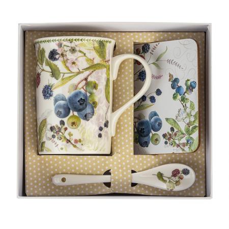957955: Porcelain coffee cup + spoon, coaster and box - Blueberry