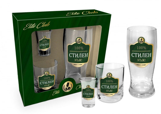 7065 : SET OF 3 GLASSES FOR: BEER (500ML), WHISKY (270ML) AND SHOT (35ML) IN A GIFT BOX “100% STYLISH MAN“
