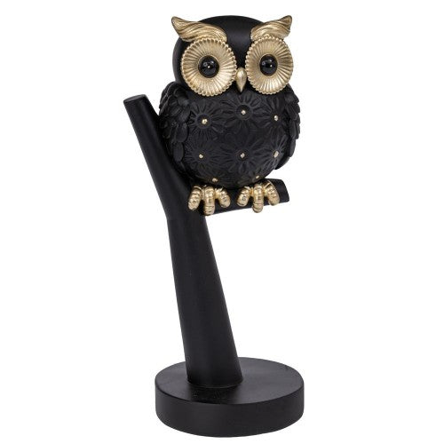 12301555 Черна матова полирезинова сова на клон.