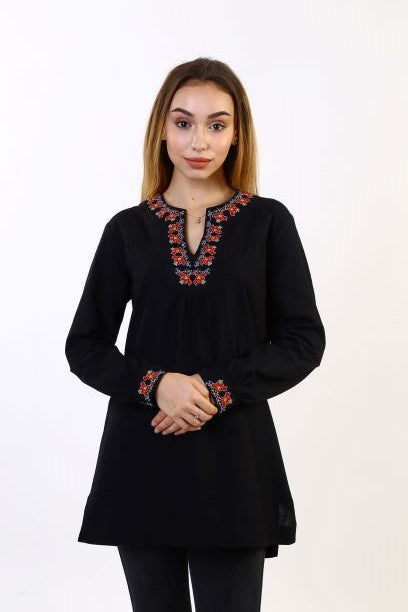 Women's Black Plaid Shirt - Embroidered