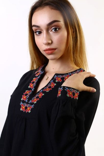 Women's Black Plaid Shirt - Embroidered