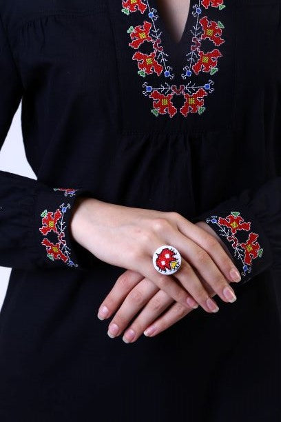 Women's Black Plaid Shirt - Embroidered