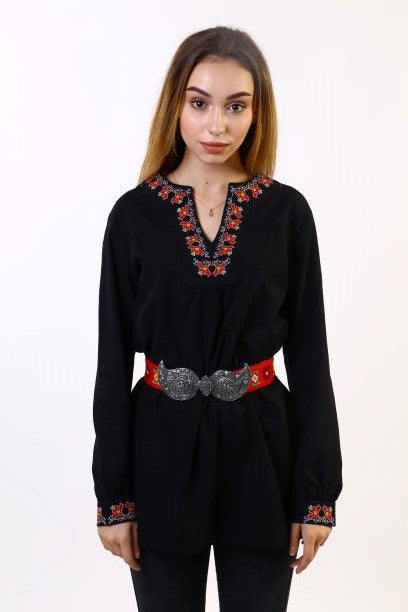 Women's Black Plaid Shirt - Embroidered
