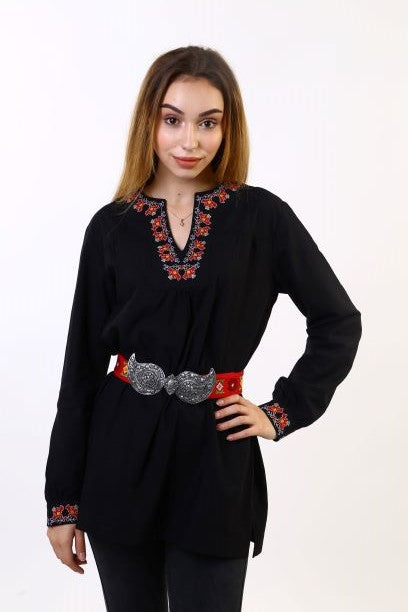 Women's Black Plaid Shirt - Embroidered