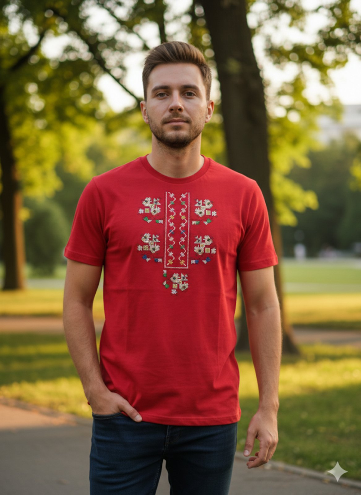 Мъжка червена тениска с бродирана Габровска шевица