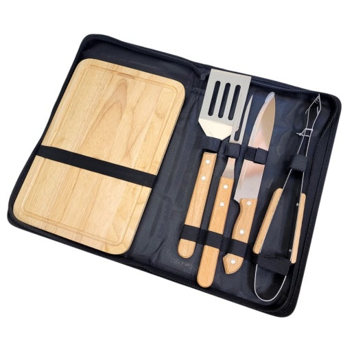 061077 Комплект за барбекю,дъска с 4 прибора в калъф