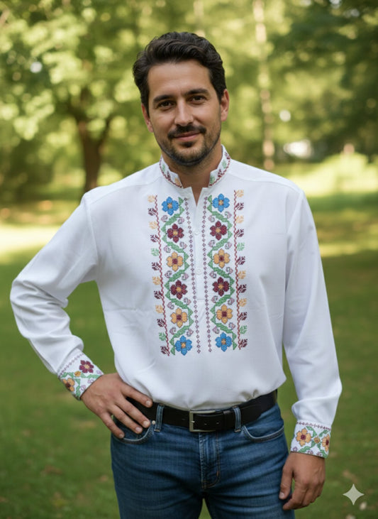 24033 Бяла мъжка бродирана риза