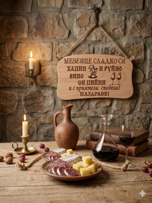 241044 Дървена табела. Мезенце сладко си хапнии руйно вино......
