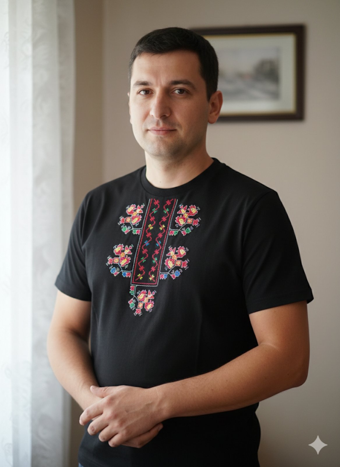 Мъжка черна тениска с бродирана Габровска шевица