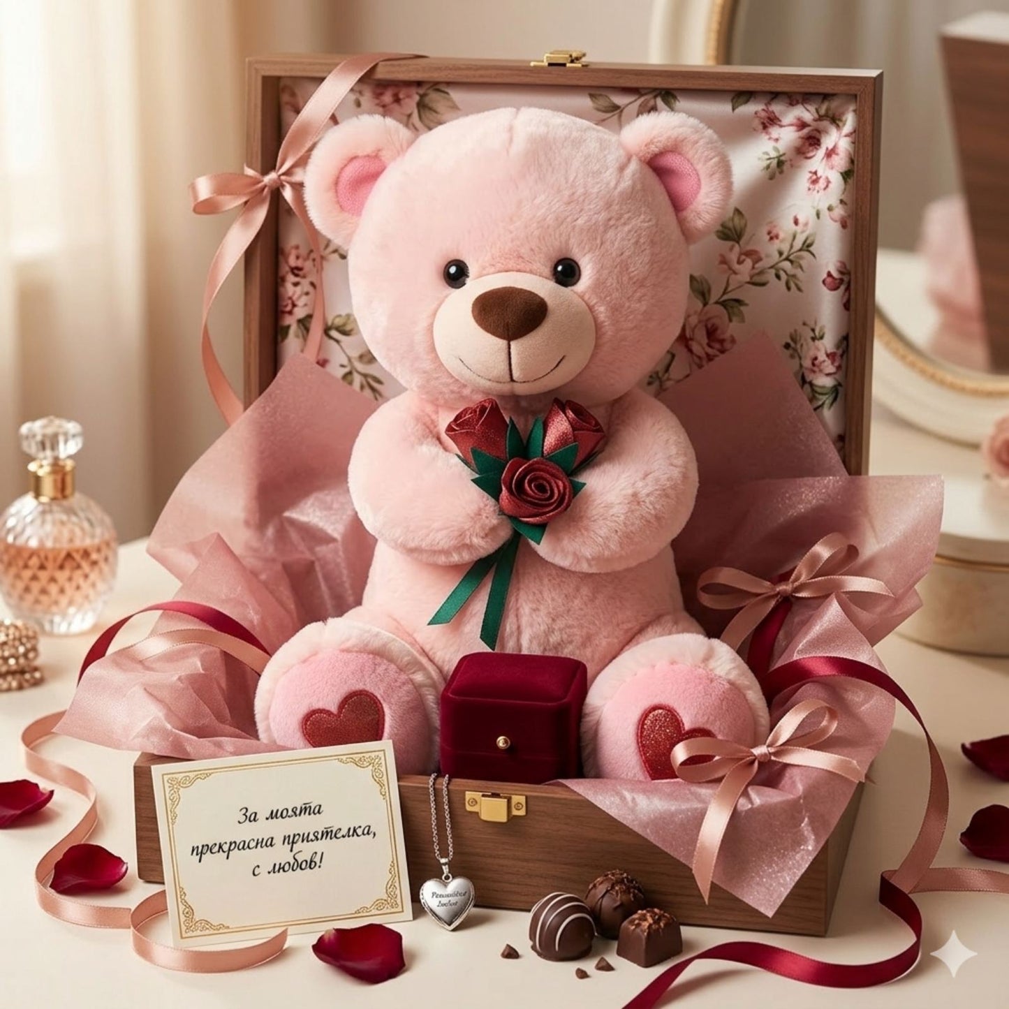 072107 Мече с рози - Бежово 100см с БЕЗПЛАТНА ДОСТАВКА