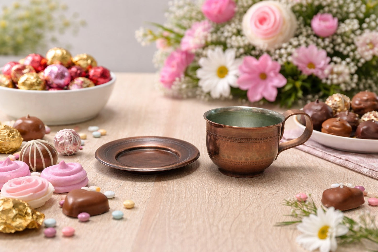 Медна чаша за кафе с чинийка