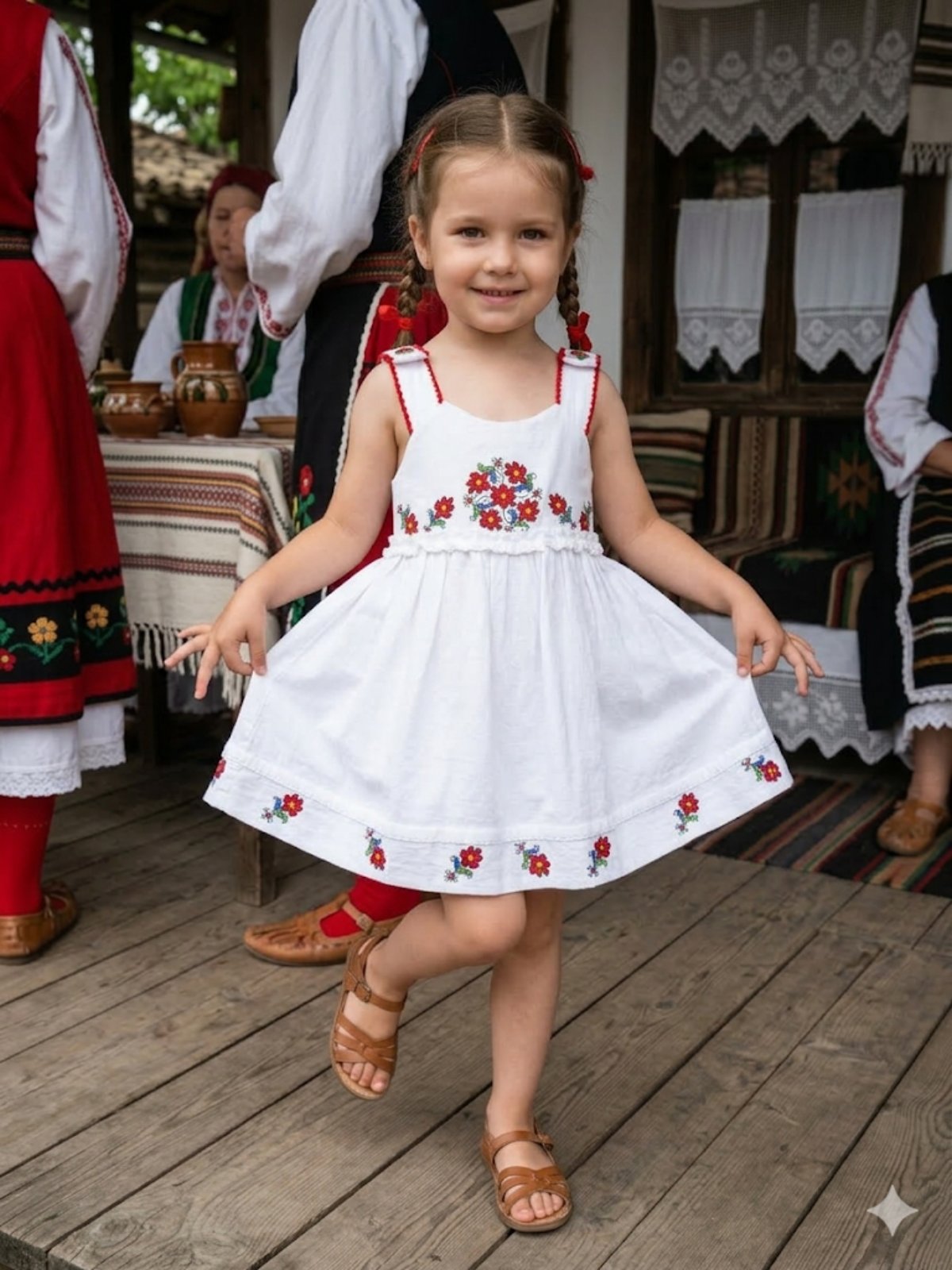 Детска бродирана рокля с презрамки и копче