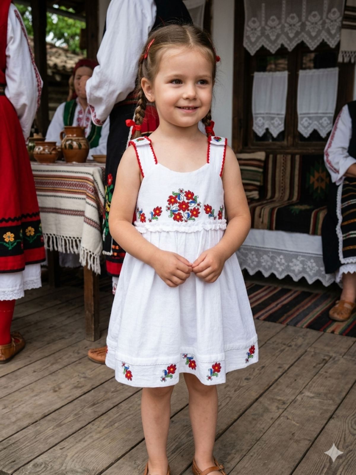 Детска бродирана рокля с презрамки и копче