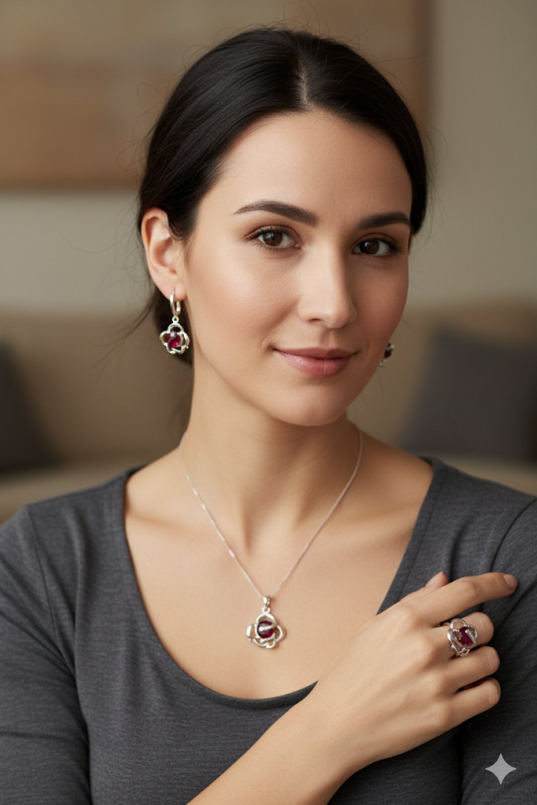 K 1845 / 491 Сребърни бижута с камък рубин. Сребро и рубин