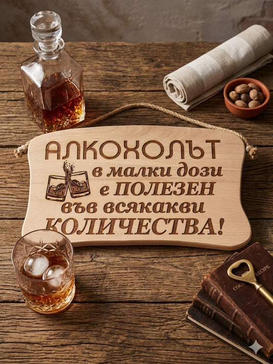 241046Дървена табела. Алкохолът в малки дози е....
