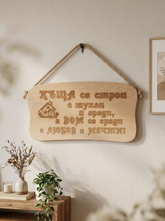 241044 Дървена табела. Къща се строи с тухли и ......
