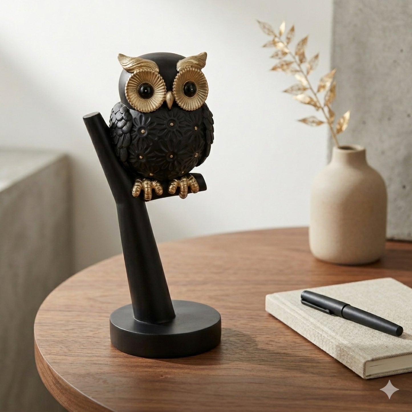 12301555 Черна матова полирезинова сова на клон.