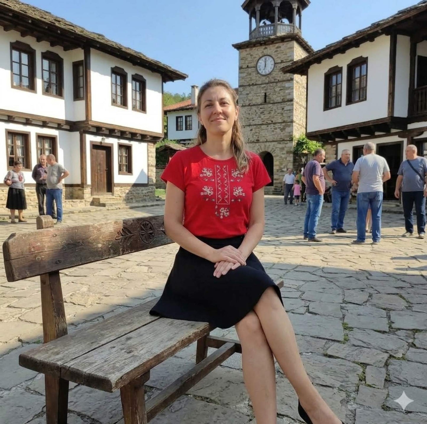 Дамска червена тениска с габровска шевица - бродирана