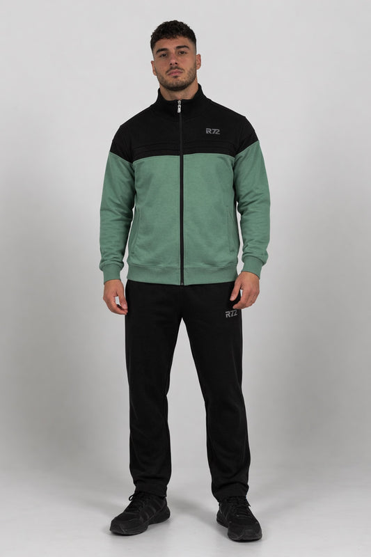 194 Мъжки памучен спортен екип – зелен с черно, без качулка.