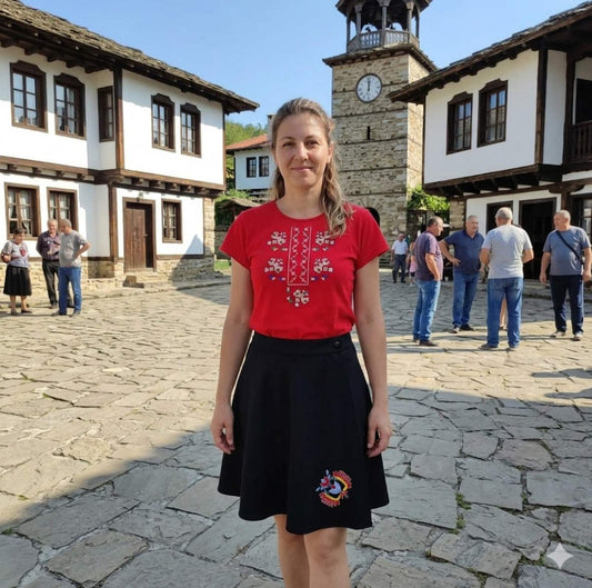Дамска червена тениска с габровска шевица - бродирана