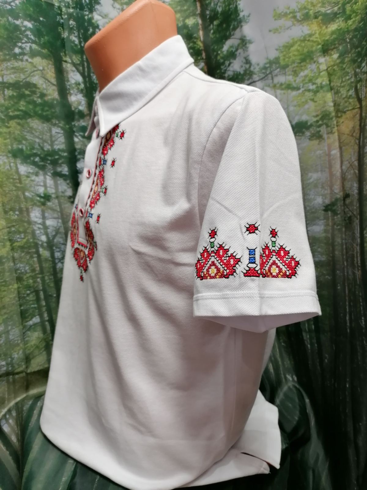 Men's white t-shirt with collar and Pirin embroidery - embroidered