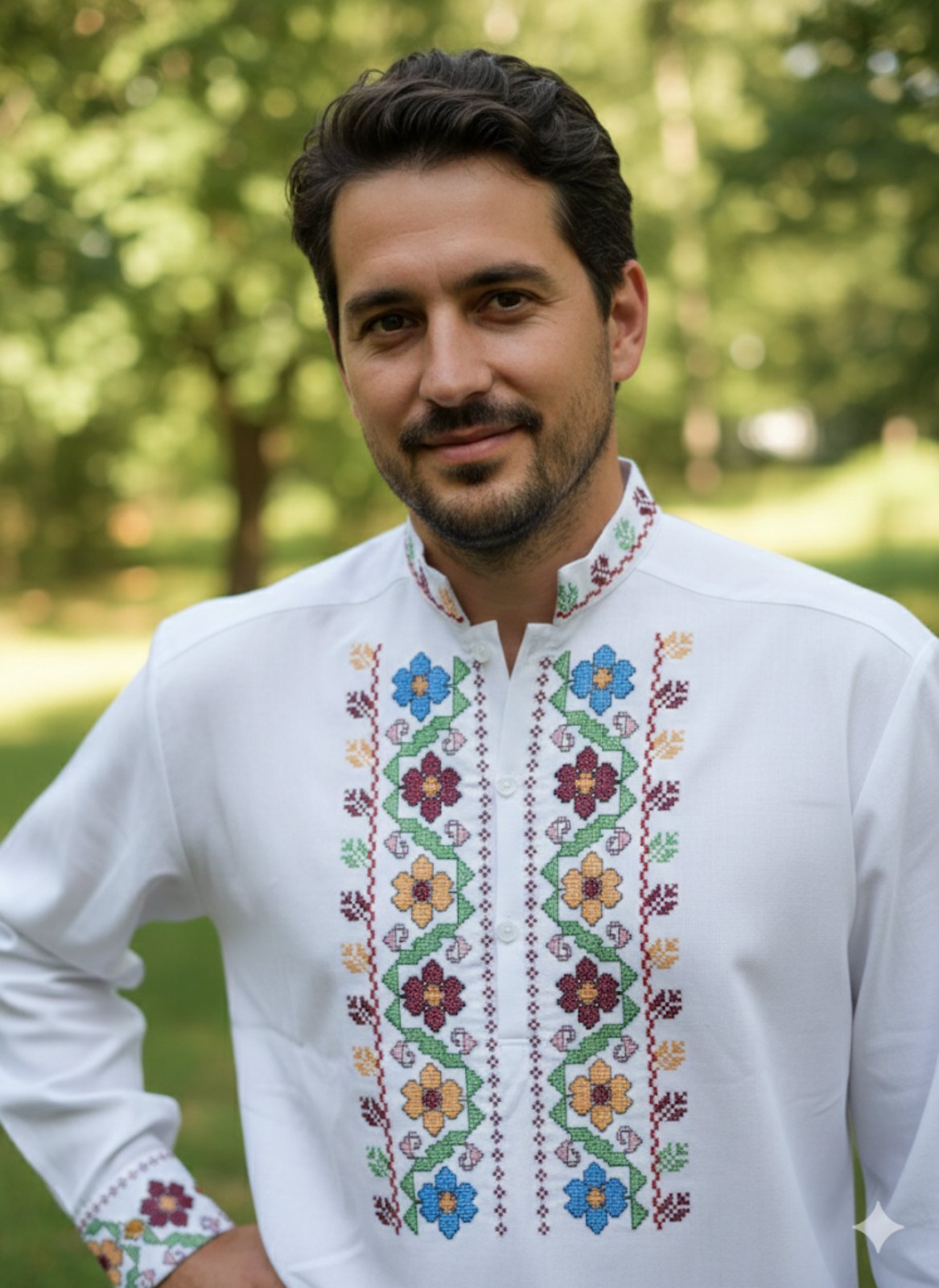 24033 Бяла мъжка бродирана риза