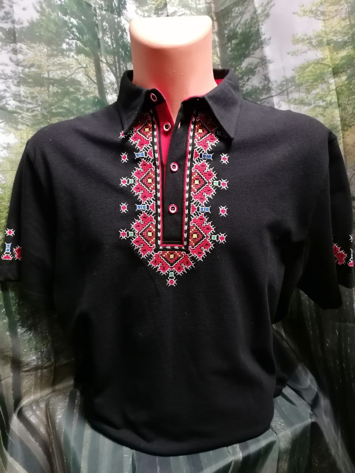Men's black t-shirt with collar and Pirin embroidery - embroidered