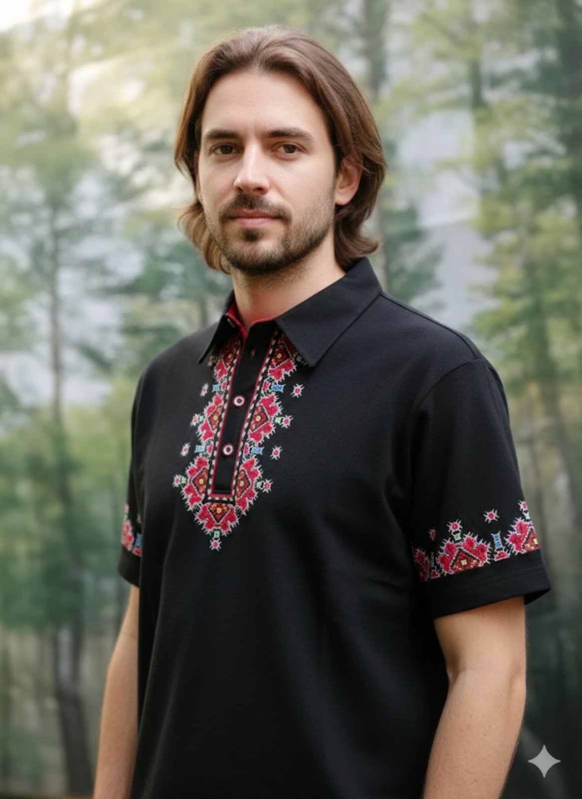 Мъжка черна тениска с яка и пиринска шевица - бродирана