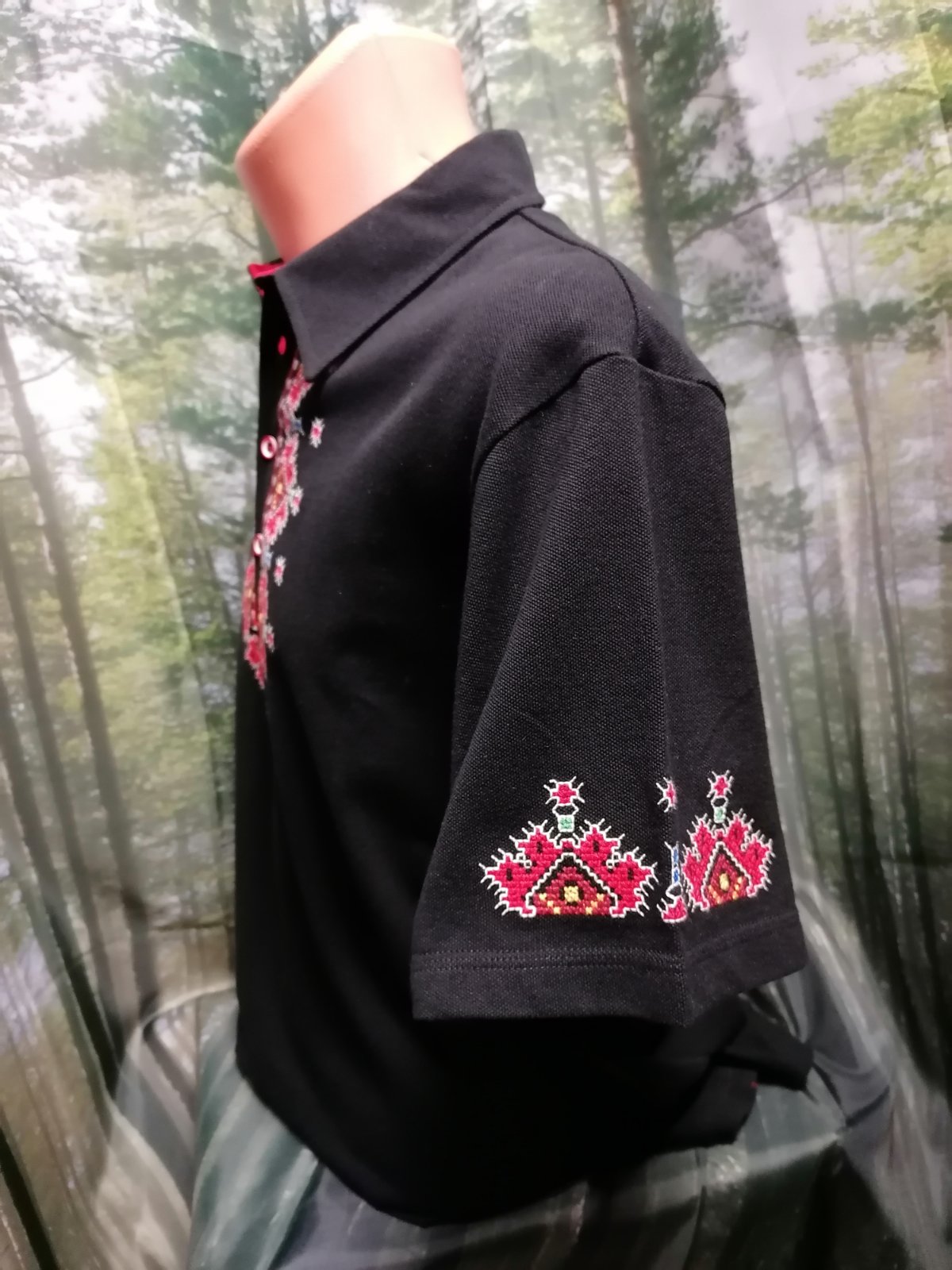 Men's black t-shirt with collar and Pirin embroidery - embroidered