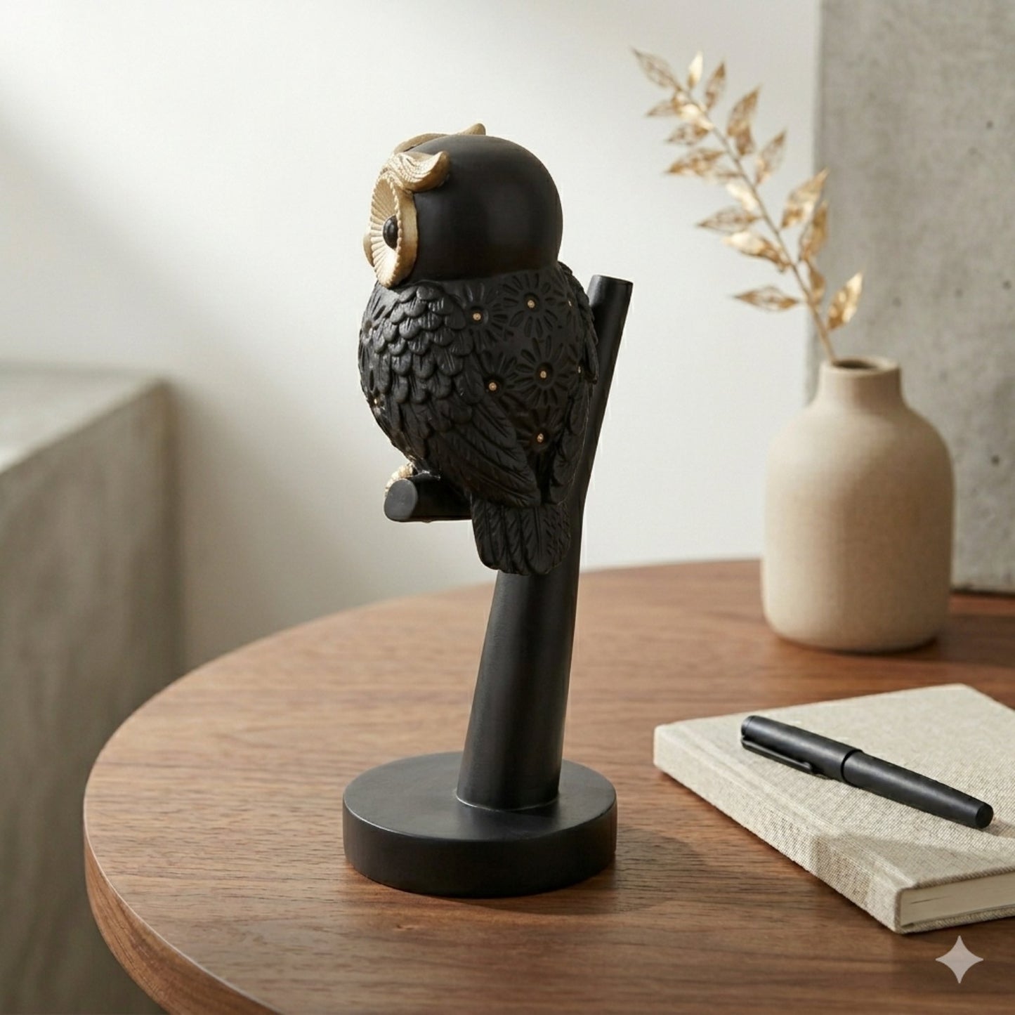 12301555 Черна матова полирезинова сова на клон.