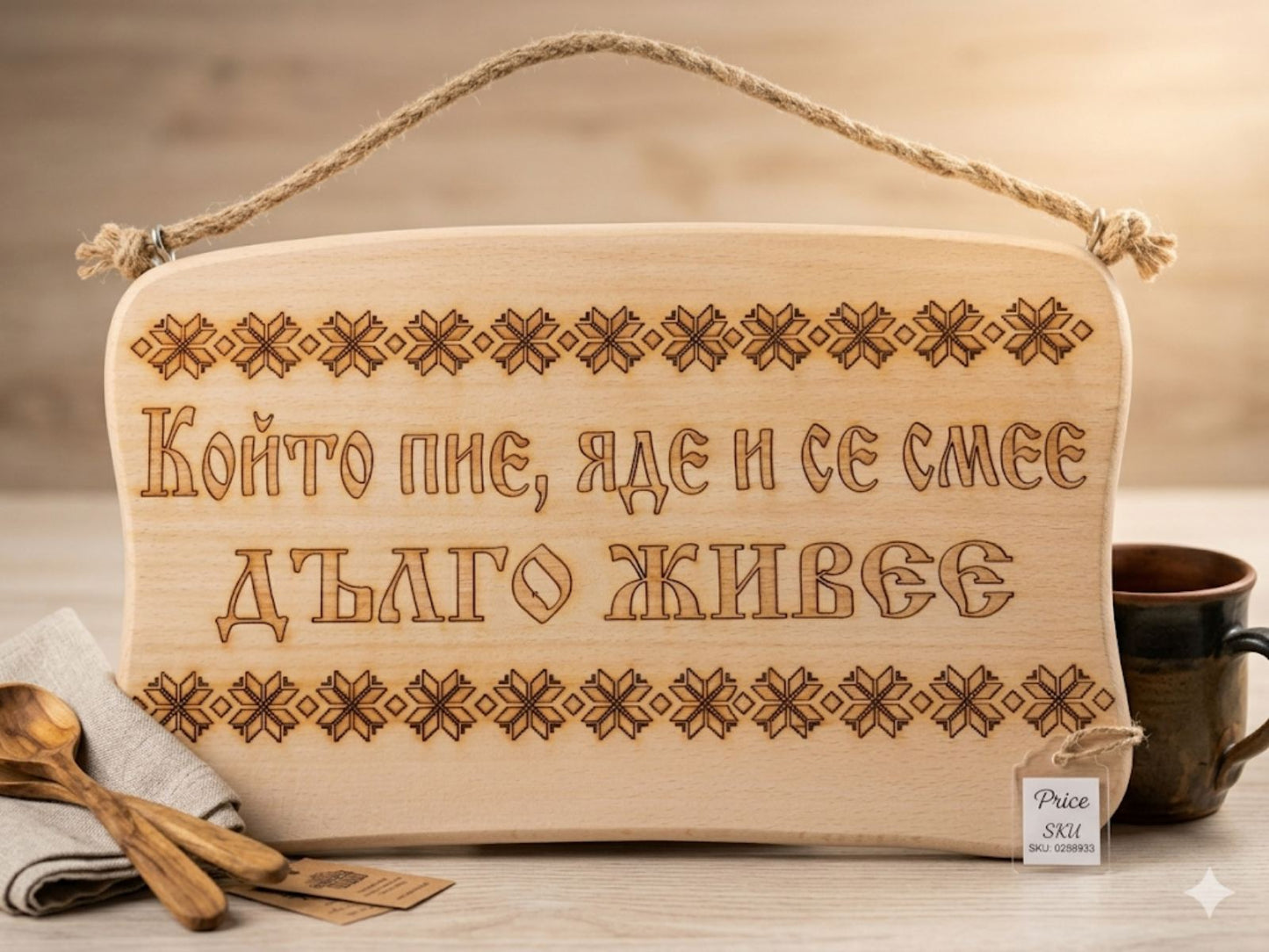 241044 Дървена табела. Който пие, яде  и се смее.....