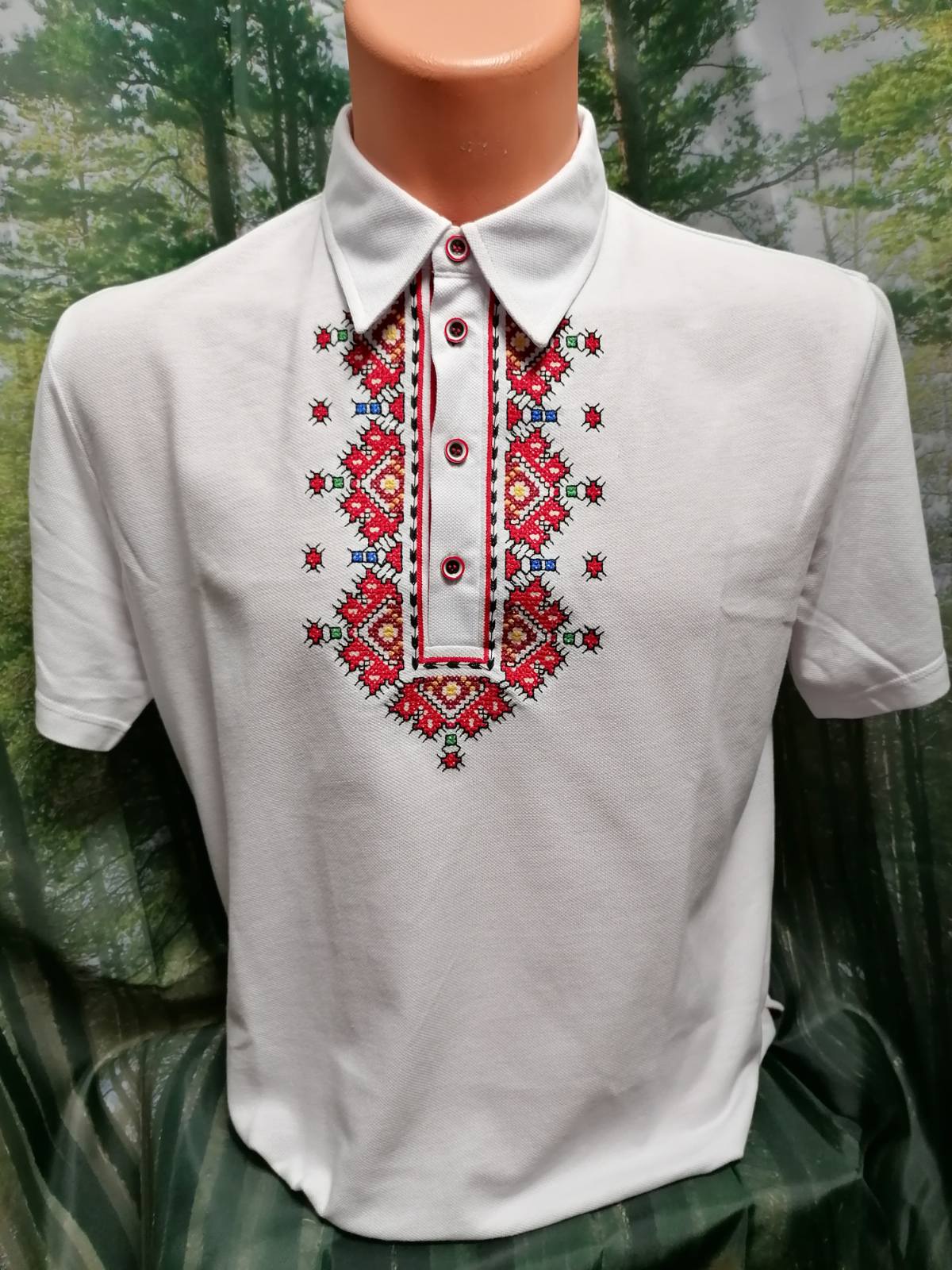 Men's white t-shirt with collar and Pirin embroidery - embroidered