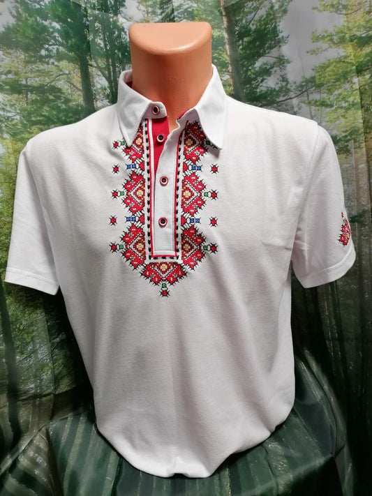 Men's white t-shirt with collar and Pirin embroidery - embroidered