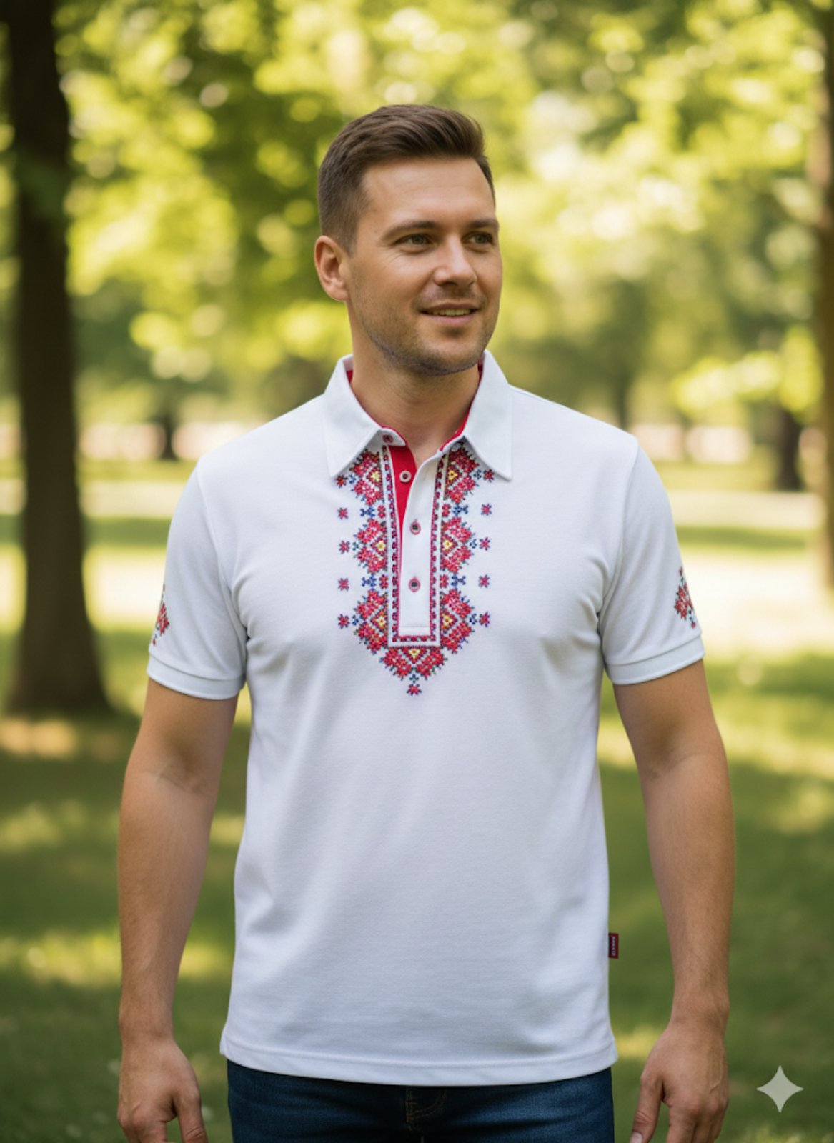 Men's white t-shirt with collar and Pirin embroidery - embroidered