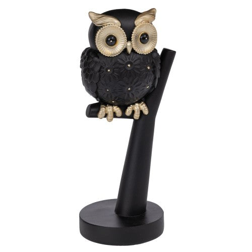 12301555 Черна матова полирезинова сова на клон.