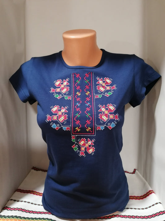 Women's blue t-shirt with Gabrovi embroidery - embroidered