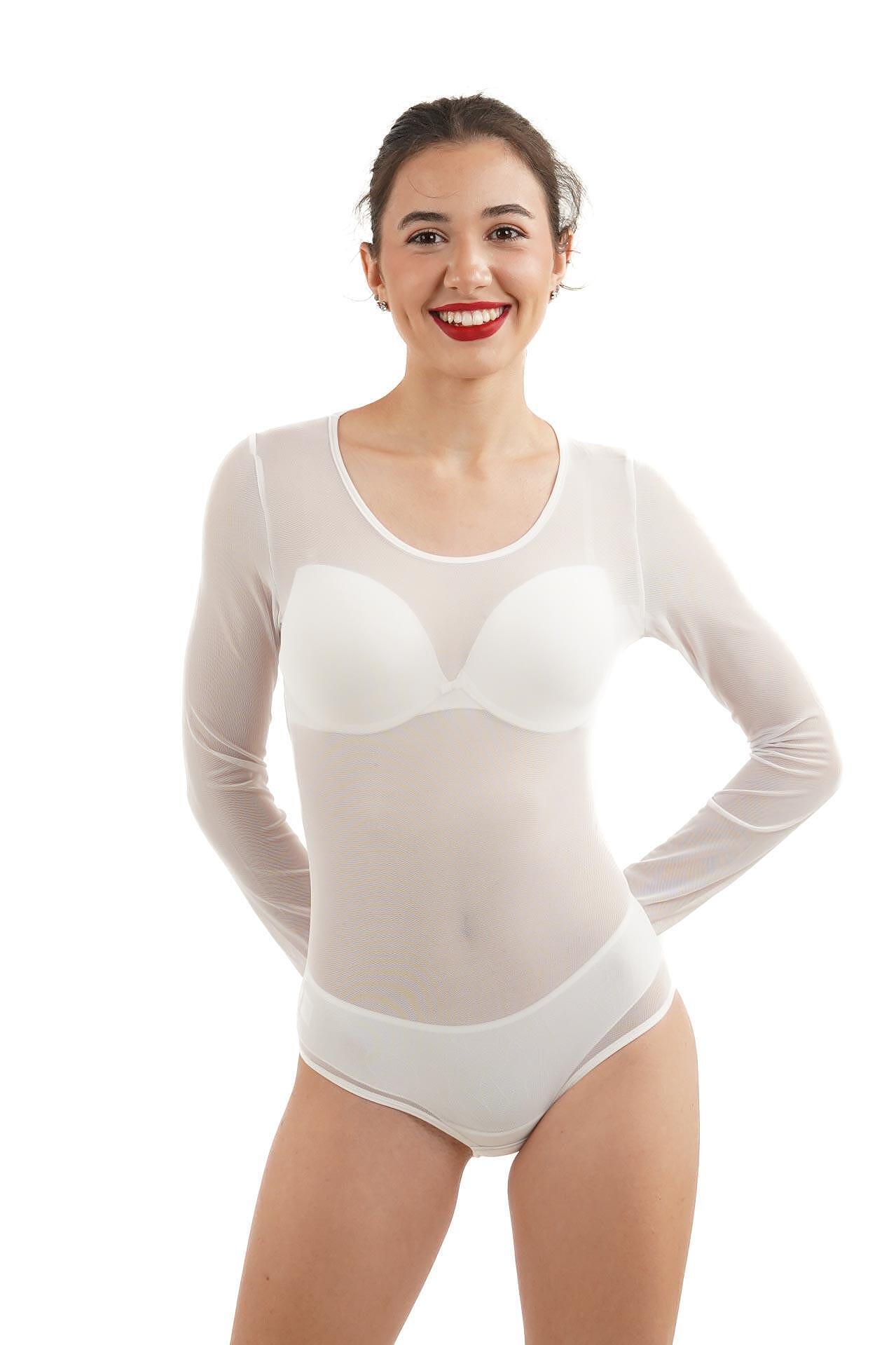 10В Дамско боди с дълъг ръкав и обло деколте, тип бикина, тюл.