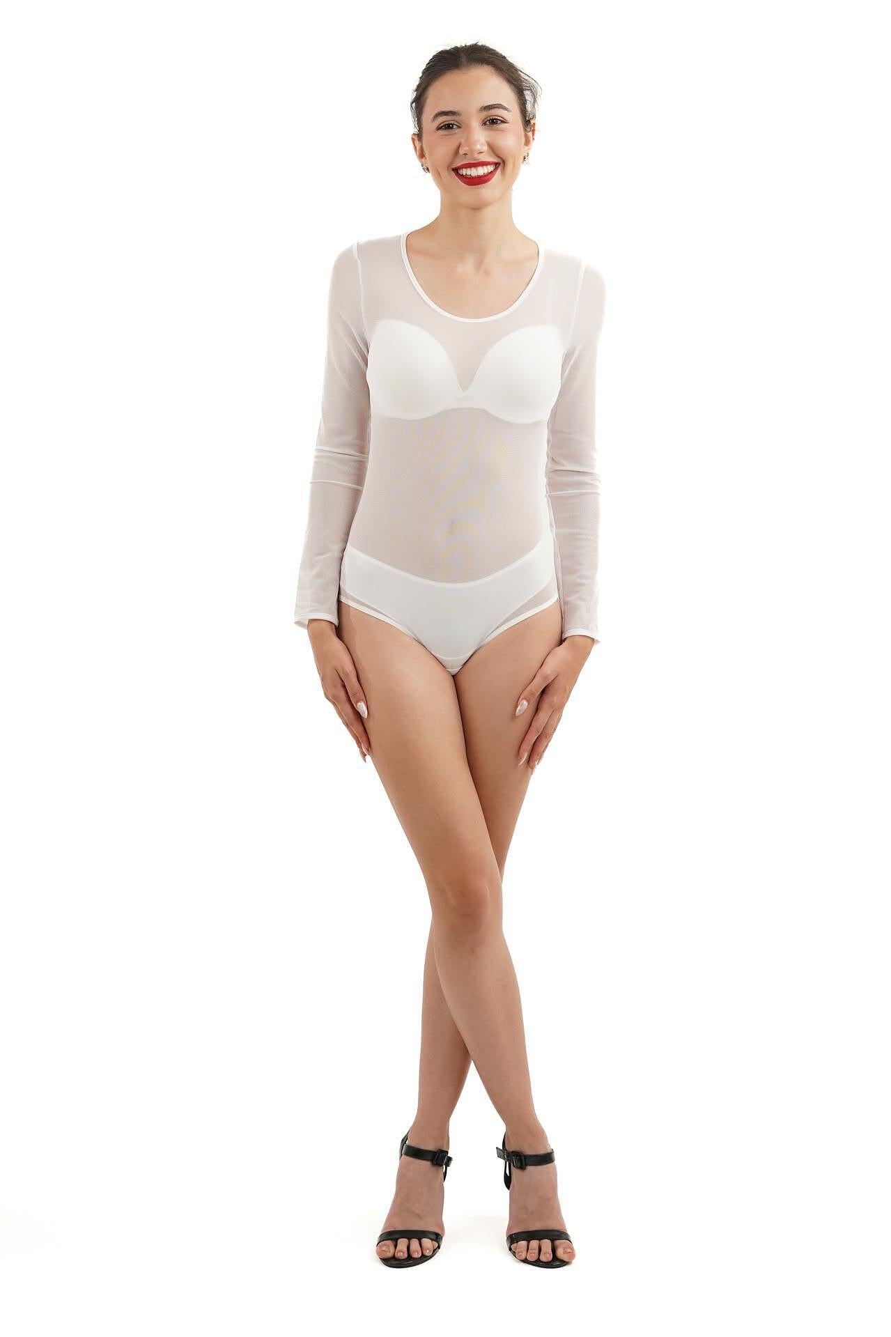 10В Дамско боди с дълъг ръкав и обло деколте, тип бикина, тюл.