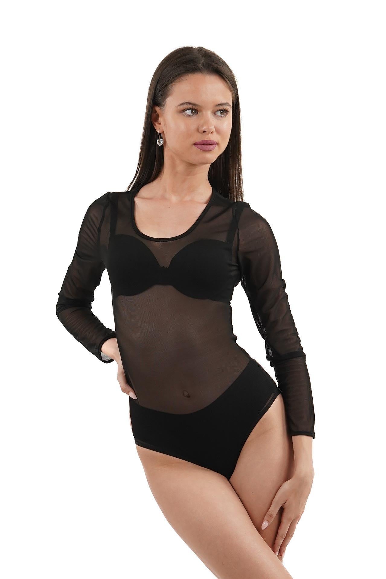 10В Дамско боди с дълъг ръкав и обло деколте, тип бикина, тюл.