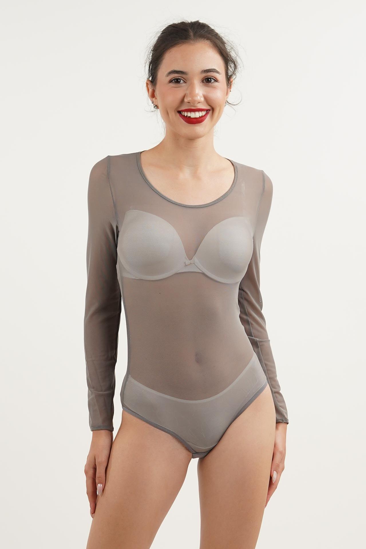 10В Дамско боди с дълъг ръкав и обло деколте, тип бикина, тюл.