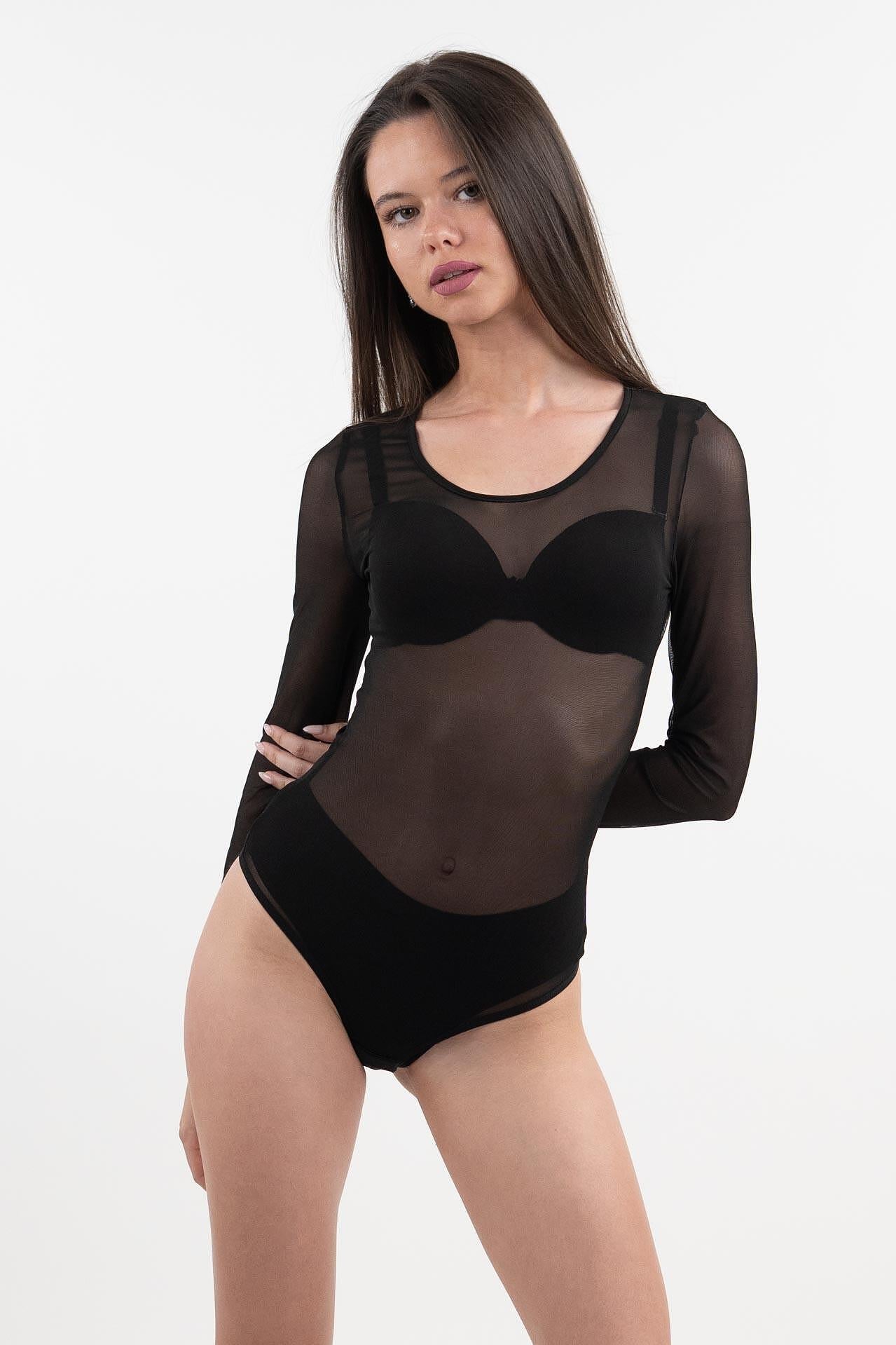 10Б Дамско боди с дълъг ръкав и обло деколте тип прашка, тюл.